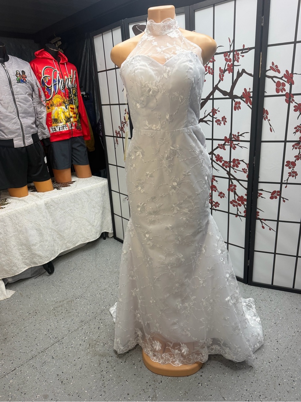 Lace Halter White Wedding Dress with Sheer High Neck